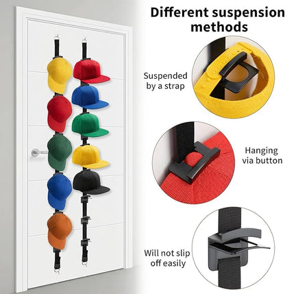 Hat Rack for Door,Two-Way Hanging Caps with 20 Display Hooks and Hanger, Hat Organizer for Baseball Caps, Over the Door Hat Storage Organizer for Bedroom, Closet,Entrance or Garage Doors,(Black)