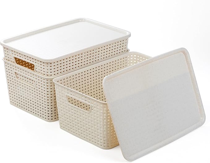 BINO | Plastic Storage Baskets with Lids, 15.5 Liter - 3 Pack, Natural | THE WOVEN COLLECTION | Storage Basket for Shelves | Woven Storage Baskets for Organizing Bins | Pantry Shelf Organizer Bin
