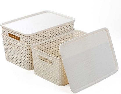 BINO | Plastic Storage Baskets with Lids, 15.5 Liter - 3 Pack, Natural | THE WOVEN COLLECTION | Storage Basket for Shelves | Woven Storage Baskets for Organizing Bins | Pantry Shelf Organizer Bin