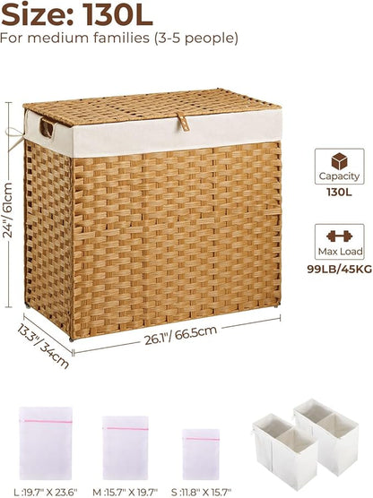 Greenstell Laundry Hamper with lid, No Install Needed, 130L Wicker Laundry Baskets Foldable 2 Removable Liner Bags, 2 Section Clothes Hamper Handwoven Rattan Laundry Basket with Handles, Natural
