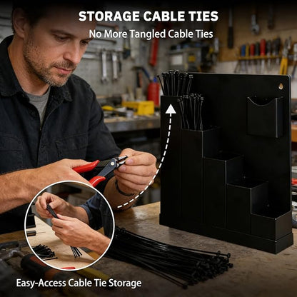Zip Tie Holder-Wall Mount Cable Zip Tie Storage Holder with a Plier-Multiple Sizes Organizer for Garage Workshop Tool Box (Black)