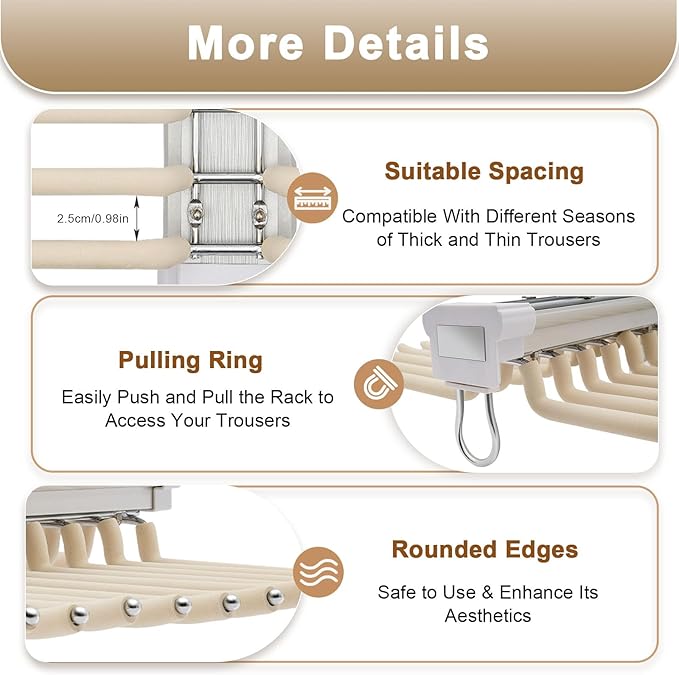 Pull Out Trousers Rack Pants Hanger Bar, 22 Arms Steel Pull Out Pants Rack,Top-Mounted Jeans Pants Clothes Organizers Hanger for Displaying & Storing Trousers,Towels