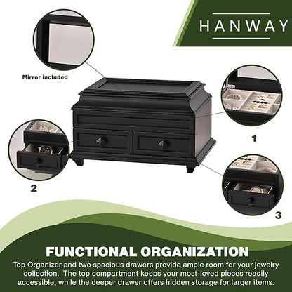 Hanway 2 Layers Wooden Jewelry Box Organizer for Women, with 7 compartments, featuring interior mirror & tray for watch, necklaces, earrings, bracelets, and rings (Black)
