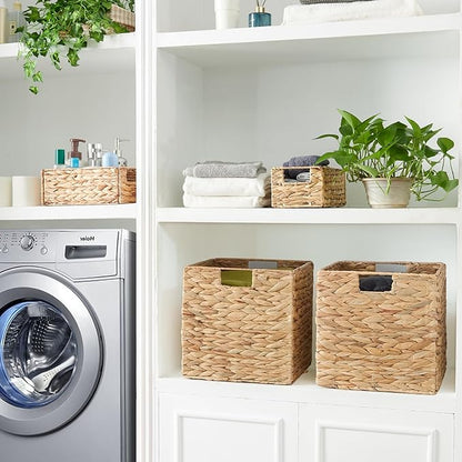 Vagusicc Wicker Storage Basket, Set of 2 Water Hyacinth Storage Baskets for Organizing, 11x11x11 Storage Cube Bins, Wicker Storage Cubes, Natural Foldable Square Baskets for Shelf Laundry Organizer
