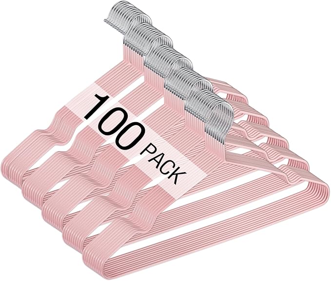 Wesiti 100 Pcs Metal Wire Non Slip Hangers for Clothes Space Saving Hanger Strong 15.7 in Triangle Clothes Coat Suit Bridal Boutique Dress for Closet Dorm Rack(Pink)