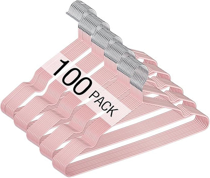 Wesiti 100 Pcs Metal Wire Non Slip Hangers for Clothes Space Saving Hanger Strong 15.7 in Triangle Clothes Coat Suit Bridal Boutique Dress for Closet Dorm Rack(Pink)