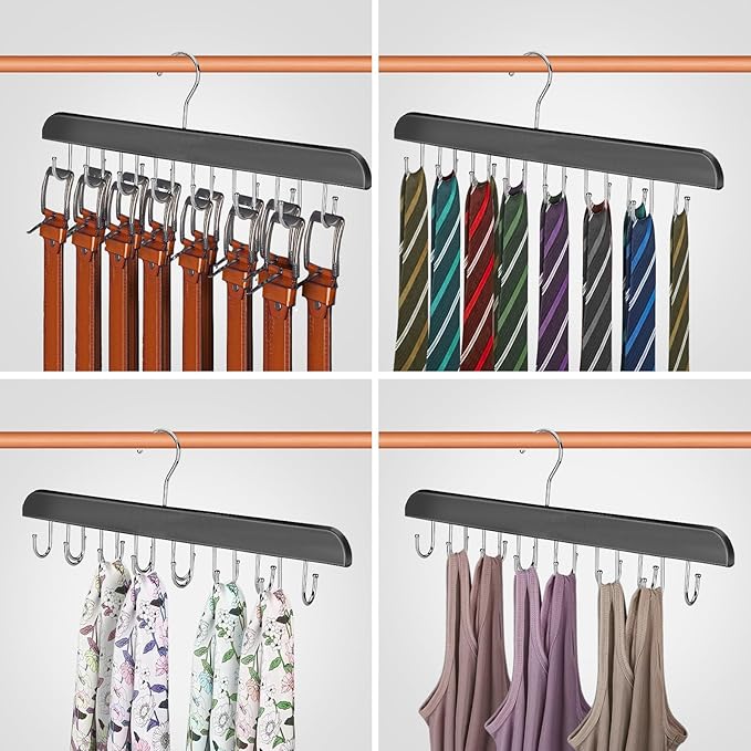 ASTIMESA Solid Wood Belt Hanger, 14 Hooks Belt Organizer Space Saver for Closet, 360° Rotating Belt Holder Tie Rack for Men Women Dorm Bra Purse Scarf Tank Top Storage Accessories (Black)