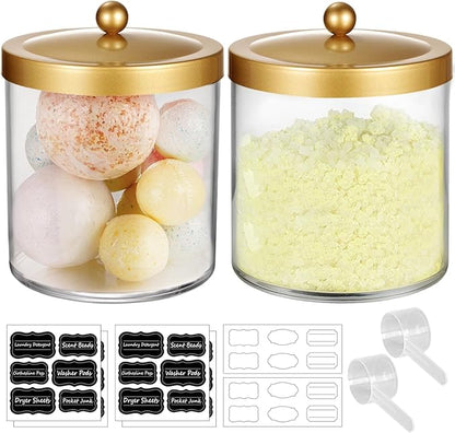 2 Pack 50 Ounce Large Clear Apothecary Jar with Gold Rust-Proof Lid - Shatterproof Plastic Storage Canister - Modern Luxury Bathroom Vanity & Laundry Room Organizer for Pods, Bath Salts