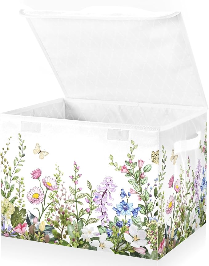 senya Spring Storage Baskets Collapsible Storage Bins with Lids, Spring Wild Flowers Butterfly Storage Boxes Clothes Baskets for Organizing