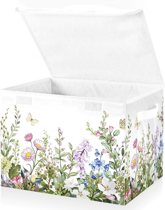 senya Spring Storage Baskets Collapsible Storage Bins with Lids, Spring Wild Flowers Butterfly Storage Boxes Clothes Baskets for Organizing