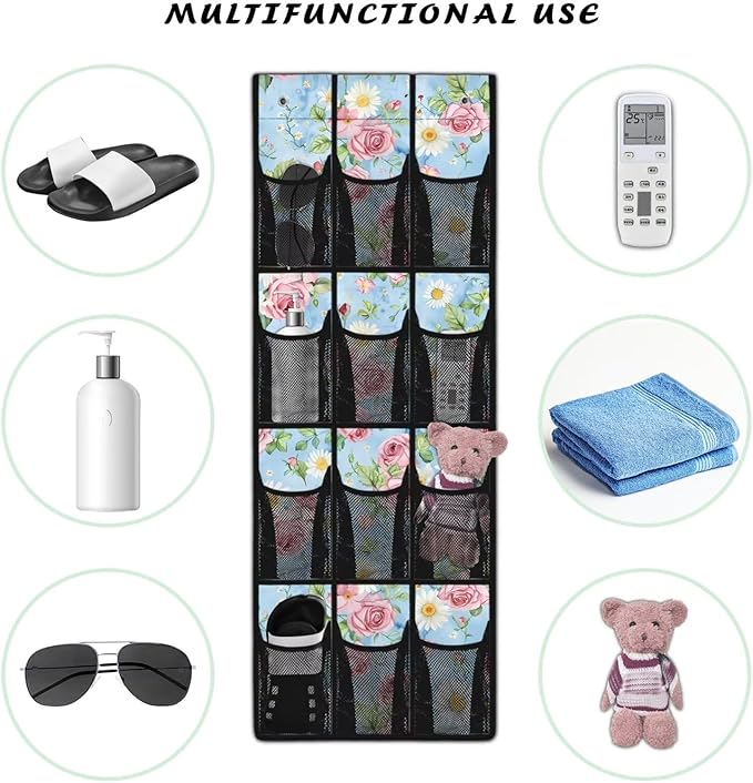 Rose Daisy Over the Door Shoe Organizer 12 Large Mesh Pockets Foldable Shoe Rack for Door Hanging Shoe Organizer Shoe Holder