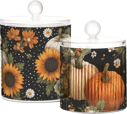 2 Pack Qtip Dispenser Apothecary Jars with Lids Cotton Round Holder Bathroom Canisters for Cotton Swab Floss Ball Pads Clear Plastic Decorative Black Pumpkins Sunflowers Daisy
