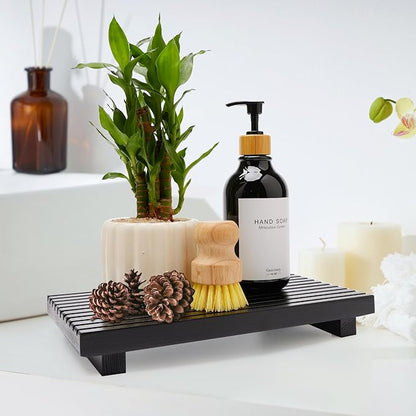 Wood Pedestal Table Stand for Bathroom Tray Kitchen Counter Decor Decorative Wooden Display Risers for Kitchen Sink Accessories Soap Tray Vanity Black Bathroom Counter Organizer Decor Dish Soap Holder