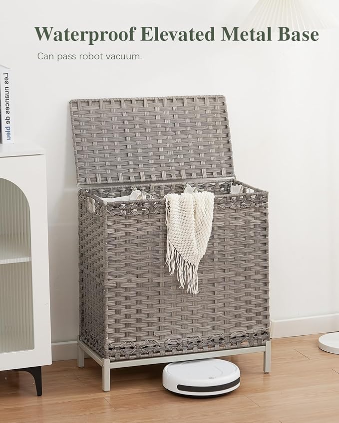 SETVSON Laundry Hamper with Lid 132 L, (35 Gallons) Clothes Hamper with Lid, Handwoven Rattan Laundry Hamper with Metal Heightened Feet, Laundry Hampers with 3 Removable Liner Bags for Laundry-Gray