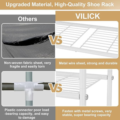 VILICK 3 Tier Shoe Rack 33" Wide Metal Shoe Organizer Long Shoe Storage with 4 Side Hooks Sturdy Shoes Shelf for Front Door Entrance, Closet, Garage, Dorm, White