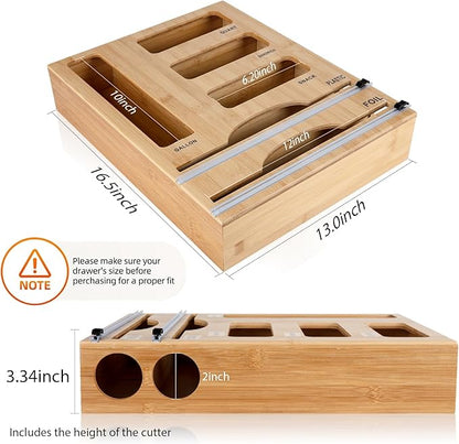 Storage Bag Organizer with Foil and Plastic Wrap Organizer , Aluminum Foil Dispenser with Cutter, Bamboo 6 in 1 Baggie Organizer Suitable for Gallon, Quart, Sandwich, Snack