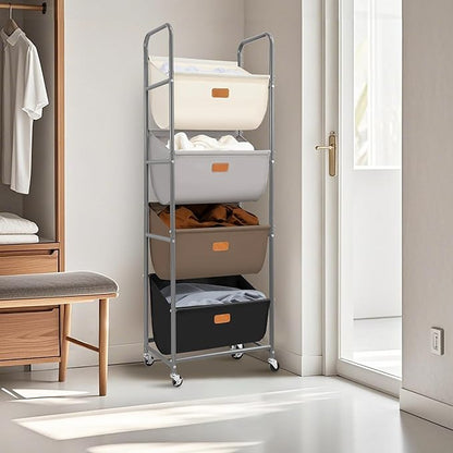 STORAGE MANIAC Vertical Rolling Laundry Hamper, 4 Section Laundry Sorter with Wheels and 2 Breaks, 4-tier Laundry Baskets for Small Space, Dorm, Laundry Room, Closet, Multicolored 4-tier