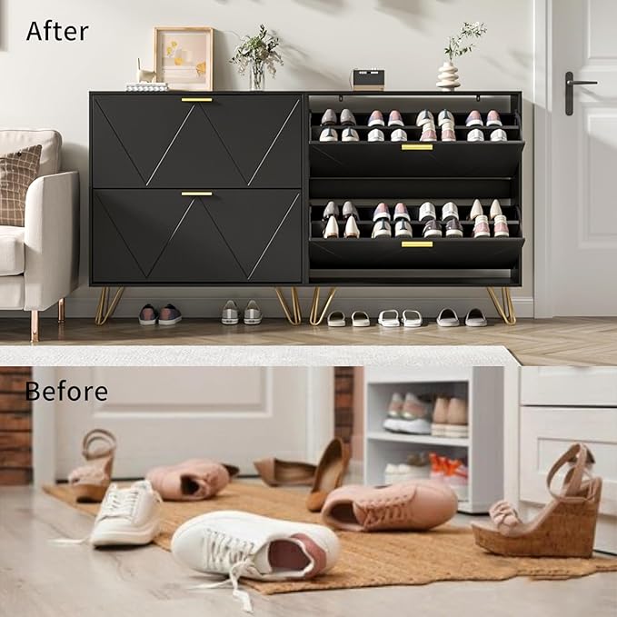 JOZZBY Black Shoe Cabinet for Entryway, Narrow Shoe Storage Cabinet with 2 Flip Drawers, Hidden Shoe Rack for Hallway, Living Room