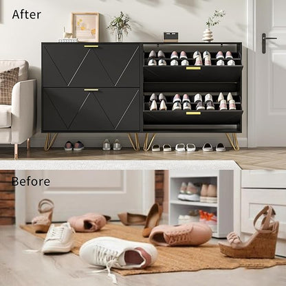 JOZZBY Black Shoe Cabinet for Entryway, Narrow Shoe Storage Cabinet with 2 Flip Drawers, Hidden Shoe Rack for Hallway, Living Room
