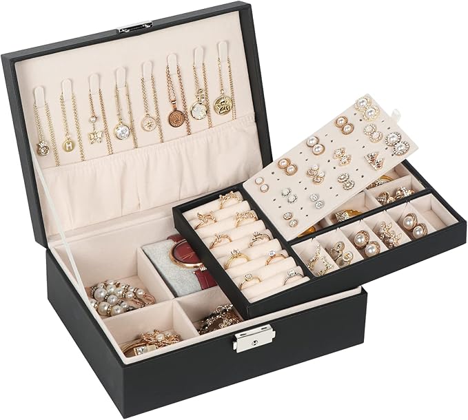 Jewelry Box for Women Girls, 2 Layers Jewelry Organizer Container with Lock, PU Leather Storage Case with Removable Tray, Jewelry Display Box for Necklaces Earrings Bracelets Rings Watches - Black