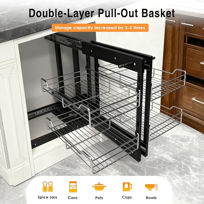 2-Tier 4-Shelf Blind Corner Organizer, Pull-Out Storage Basket with Soft-Close Mechanism, Left/Right Hand Compatible for 15" Min Opening, Chrome Steel Cabinet Organizer for Kitchen/Bathroom