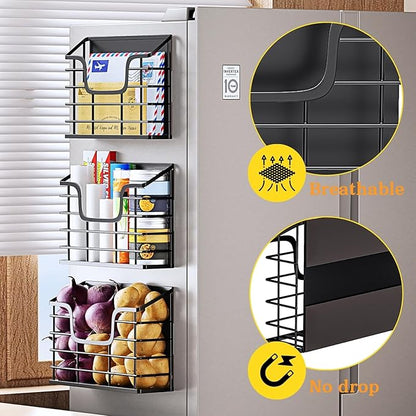 Magnetic Shelf for Fridge, 3 Pack Metal Fridge Organizer Baskets, Magnetic Cup Holder for Refrigerator, Fruit & Snack Storage, Magnetic Bin for Potatoes, Letters, Magazines, Kitchen & Laundry Room