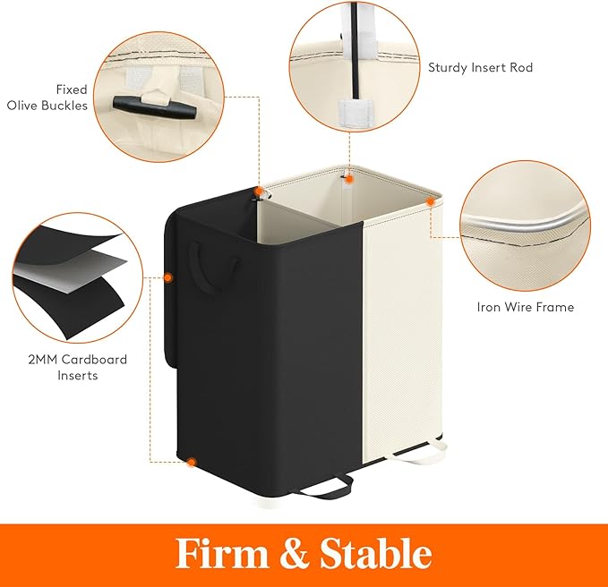 Lifewit Double Laundry Hamper with Lid and Removable Laundry Bags, Large Collapsible 2 Dividers Dirty Clothes Basket with Handles for Bedroom Laundry Room Closet Bathroom College, 136L White&Black