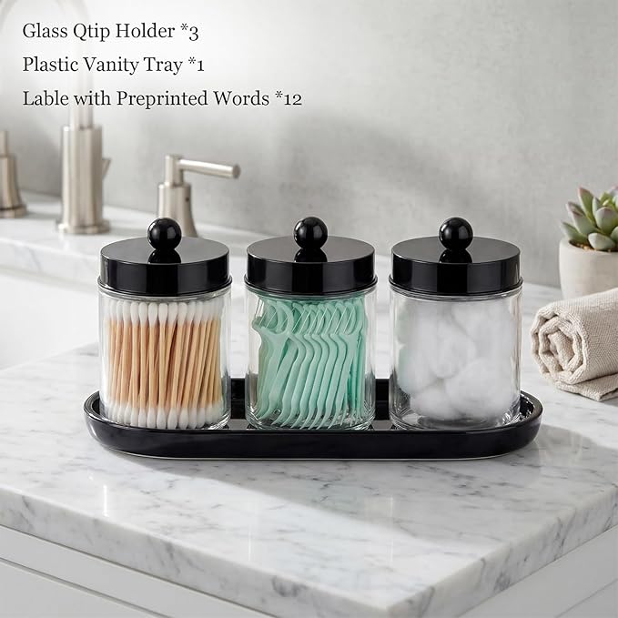 SheeChung Qtip Holder 3pcs, Glass Apothecary Jars with Acrylic Vanity Tray, Cotton Round Holder, Countertop Guest Canister Bathroom Organizers and Storage for Cotton Swabs/Balls, Floss Picks