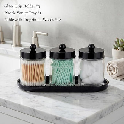 SheeChung Qtip Holder 3pcs, Glass Apothecary Jars with Acrylic Vanity Tray, Cotton Round Holder, Countertop Guest Canister Bathroom Organizers and Storage for Cotton Swabs/Balls, Floss Picks