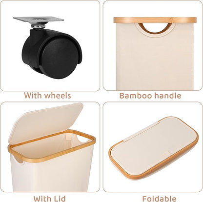 Slim Laundry Basket with Wheels,Narrow Hampers for Laundry,Freestanding Laundry Hamper with Lid&Bamboo Handles,Collapsible & Waterproof Tall Cloth Hamper for Dorm Family(60L Beige)