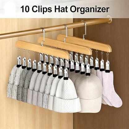 Hat Hangers for Closet,Space Saving Hanging Hats Organizer with 10 Clips,Wooden Legging Hangers 3 Pack,360° Rotating Closet Organizer for Pants, Skirts and Socks Storage (Set of 3,Natural)