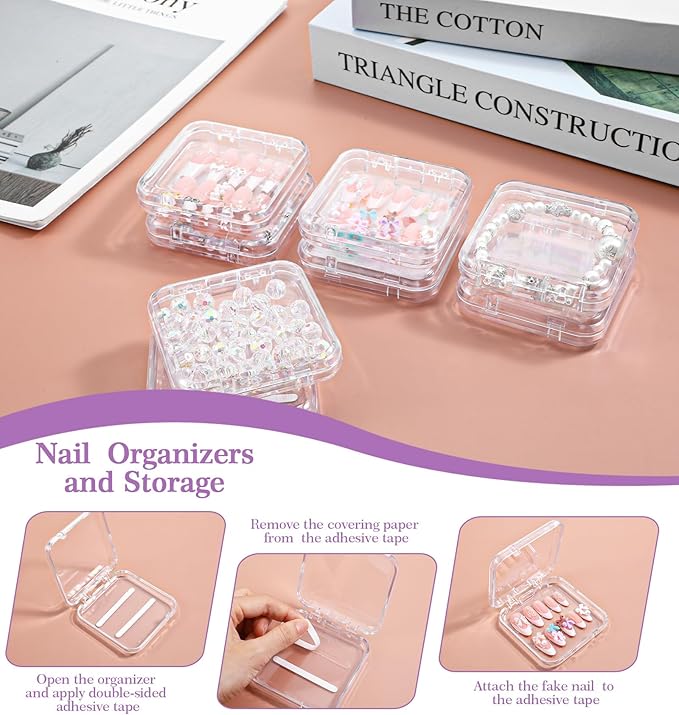 8Pcs Press On Nail Cases, Press On Nails Packaging Transparent Nails Storage Box for Manicurist & Enthusiasts, Includes 60Pcs Double Sided Adhesive Tape Organizing Lightweight