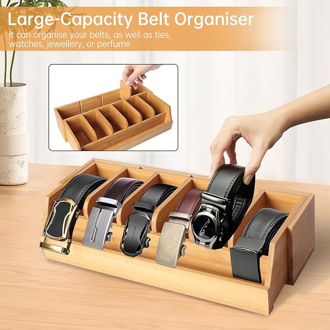 Adjustable Wood Belt Organizer, 10 Compartments Belt Rack and Tie Storage Holder for Closet and Drawer, Belt Holder Organizer and Displayer, Tie Holder Storage for Men Women, Wood Color