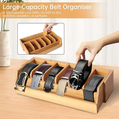 Adjustable Wood Belt Organizer, 10 Compartments Belt Rack and Tie Storage Holder for Closet and Drawer, Belt Holder Organizer and Displayer, Tie Holder Storage for Men Women, Wood Color