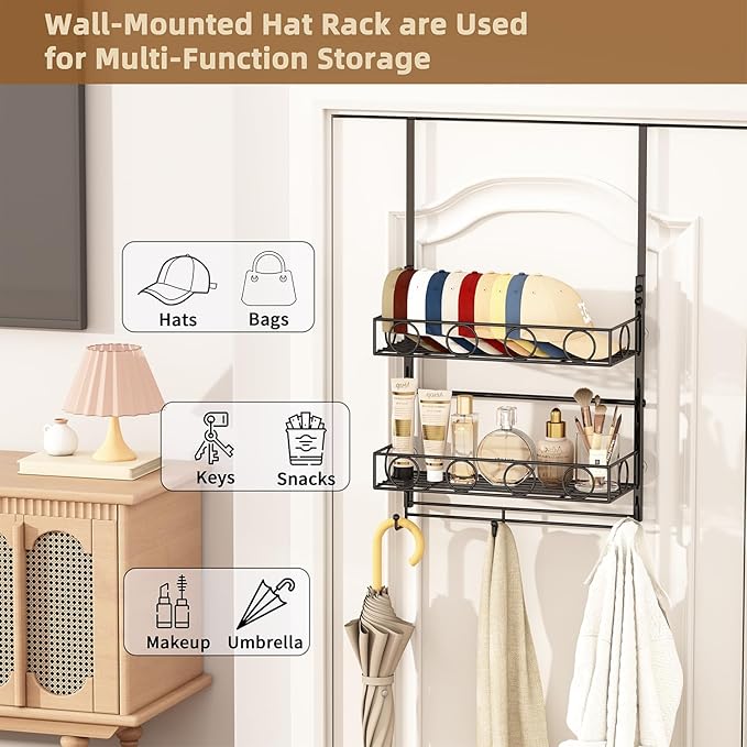 Over Door Hat Organizer 3 Tier Wall Mounted Hat Rack with 2 Adjustable Metal Basket and 3 Hooks Hat Organizer for Baseball caps Hat Hanger Holder Display for Door Closet, Cap Organizer Storage