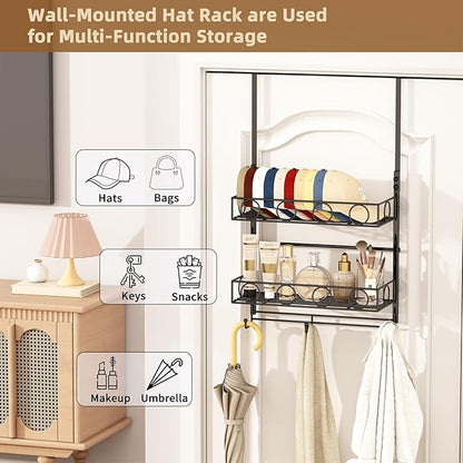Over Door Hat Organizer 3 Tier Wall Mounted Hat Rack with 2 Adjustable Metal Basket and 3 Hooks Hat Organizer for Baseball caps Hat Hanger Holder Display for Door Closet, Cap Organizer Storage