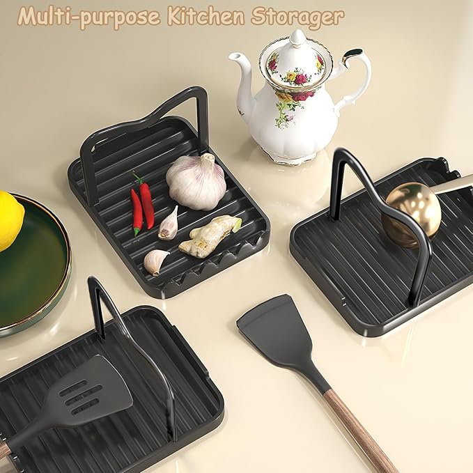 Spoon Rest with Lid Holder, Stainless Steel Lid Holder While Cooking & Organizer with Detachable Drain Tray, Anti-Rust Countertop Space Saver for Spoons, Spatulas (Black)