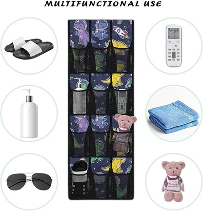 Astronaut Dinosaur Over The Door Organizer, 12 Large Mesh Pockets Hanging Shoe Rack for Closet, Space Theme Storage for Kids Room Toys & School Supplies