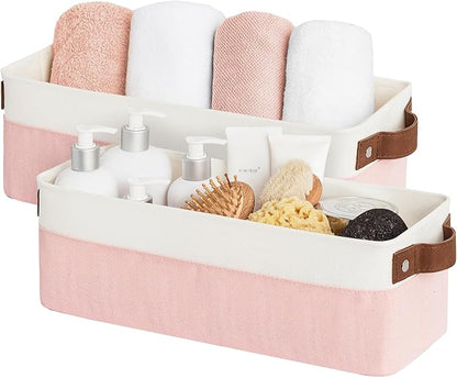 StorageWorks Narrow Storage Bins, Small Basket for Closet and Shelves, Fabric Organizer with Handles, Toilet Paper Storage, Pink and White, 2-Pack