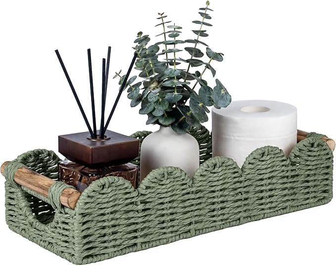 CubesLand Bathroom Basket Organizer w/Cut Out Handle, Back of Toilet Paper Storage Baskets Tray for Bathroom Countertop Decorative, Scalloped Wicker Basket Also for Home Decor, Living Room, Green
