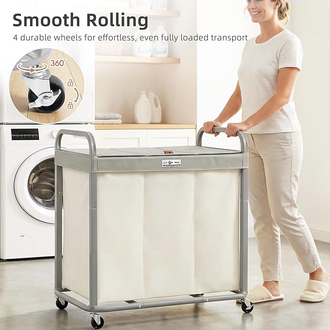 STORAGE MANIAC 3 Section Laundry Sorter, 60 Gal. Laundry Hamper Cart with Heavy Duty Rolling Lockable Wheels and Removable Bags, Clothes Organizer Basket Clothes Separator Hamper, Beige with Lid