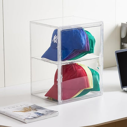 Hat Organizer Box,Hat Display Case,Stackable Clear Baseball Caps Storage Box Containers with Double-Sided Magnetic Door,Holds 15 Hats (XXL-1Pack-with Divider)