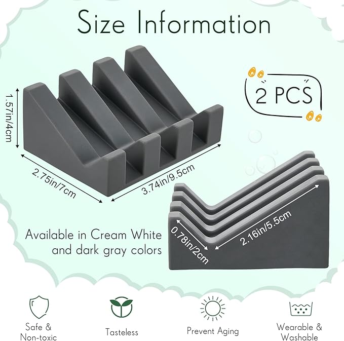 Cunhill 2 Pieces Silicone Soap Dish Self Draining Soap Dish Shower Waterfall Bar Soap Holder Tray with Drain Soap Saver for Kitchen Bathroom Accessories (Dark Grey,Cream White)