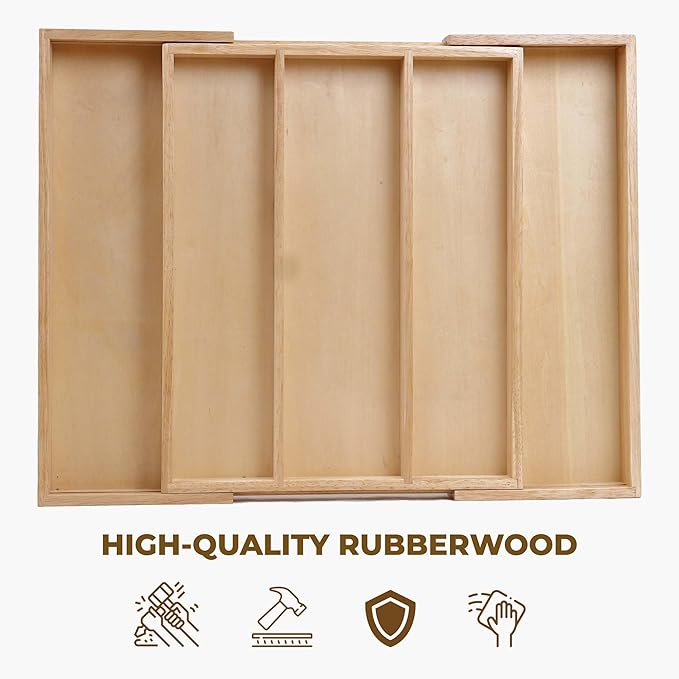 Utensil Drawer Organizer, 5 Compartment Expandable Rubberwood Silverware Tray, Cutlery Drawer Organizer for Kitchen Organization, Wooden Holder for Adjustable Storage