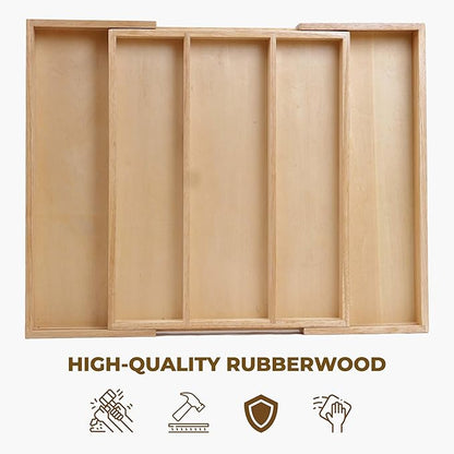 Utensil Drawer Organizer, 5 Compartment Expandable Rubberwood Silverware Tray, Cutlery Drawer Organizer for Kitchen Organization, Wooden Holder for Adjustable Storage