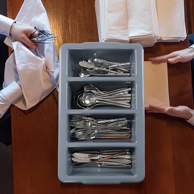 Pack of 4 4-Compartment Restaurant Silverware Organizer Bins, Plastic Commercial Cutlery Holder, Gray