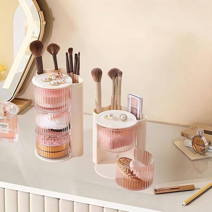 Hair Accessories Organizer with Hair Brush Holder, Rotatable Makeup Brush Holder for Necklaces, Earring, Bracelet, Ring, Makeup Brushes, Hair Clip and Hair Accessories (3 Layer Beige)