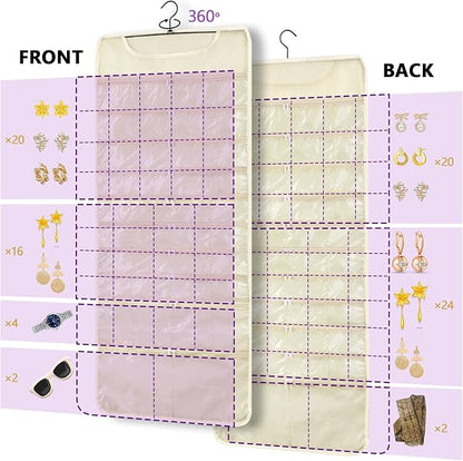 FOREGOER Hanging Jewelry Organizer with 88 Zippered Pockets, Dustproof Foldable for Travel, Accessories Organizer for Holding Jewelries Earring Organizers and Storage (Beige)