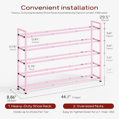 Bumusty 5-Tier Long Expandable Shoe Rack for Closet, 18"-44" Adjustable Shoe Rack for Entryway, 25-30 Pairs Large Shoe Organizer Shelf Storage, Sturdy Metal, Pink