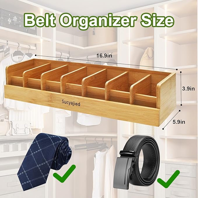 Belt Organizer, 7 Compartments Belt Organizer for Closet and Drawer, Belt Holder Case for Tie and Belt, Bamboo Storage Box for Men and Women (Wooden, 7)